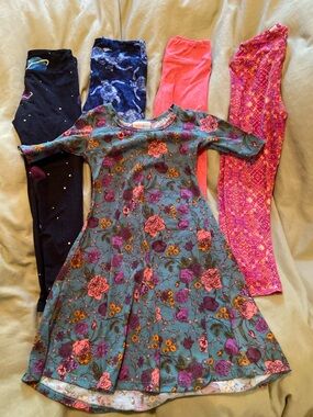 Girls 3T-5T Lularoe Dress (size 4) and four pairs of leggings (size S/M)